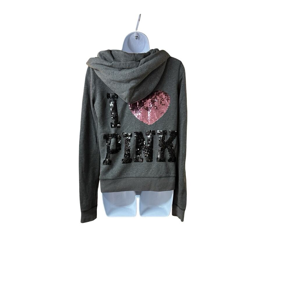 Victoria’s Secret PINK Sequin Heart Print Zip Up Hoodie Gray Distressed Y2K M